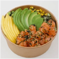 Zalm, maïs, avocado, mango, komkommer, sojabonen, peterselie, sesam dressing, teriyaki, zwart sesamzaad